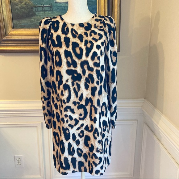H&M Leopard Print Animal Print Puff Long Sleeve Knee Length Dress - Picture 1 of 9